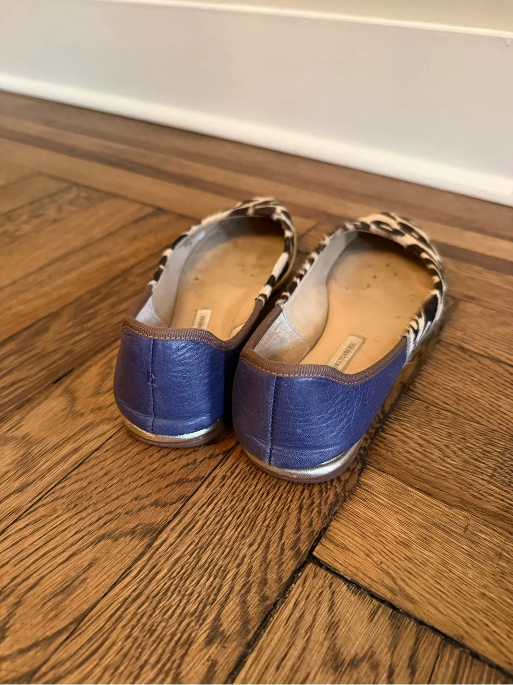 DVF Leopard Print Women's Ballet Flats with Navy Leather Heel + Gold Trim